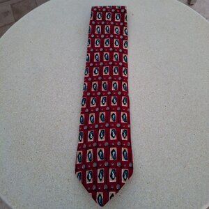 Duck Head Red Silk Necktie With Geometric Pattern & Unique Duck Logo Design